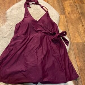J. Cew Re-Imagined Swim‎ Dress Size 8 Halter Onepiece Burgundy Wine Wrap Women's